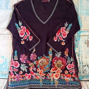 Johnny Was Purple Embellished Graphic Tunic 3/4 Sleeve